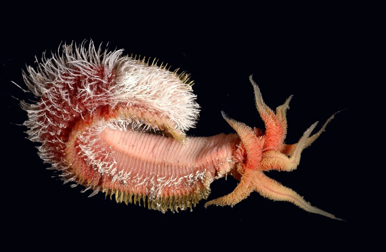The white filaments on the worm's body are symbiotic bacteria