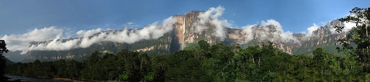 Partly clouded view of Auyán-tepui and Angel Falls (centre) from Isla Raton camp, the photograph was taken at the end of