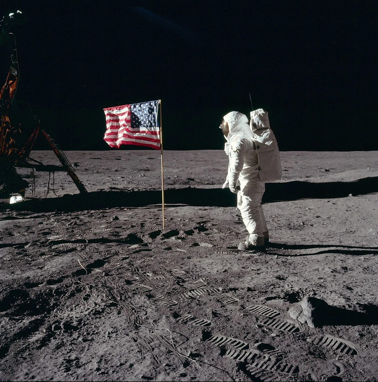 Aldrin salutes the deployed United States flag on the lunar surface.