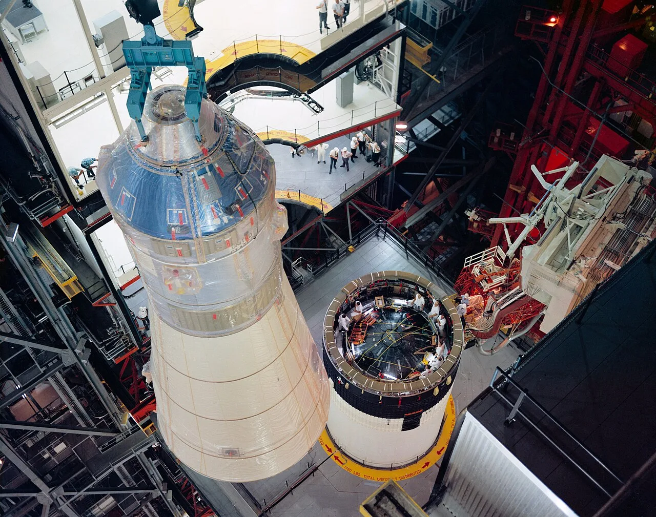 Erection and mating of spacecraft 103 to Launch Vehicle AS-503 in the VAB for the Apollo 8 mission
