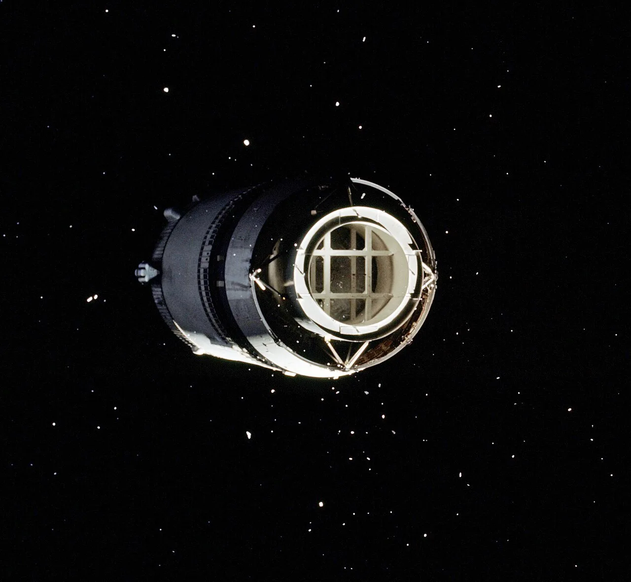 Apollo 8 S-IVB rocket stage shortly after separation. The LM test article, a circular boilerplate model of the LM, is vi