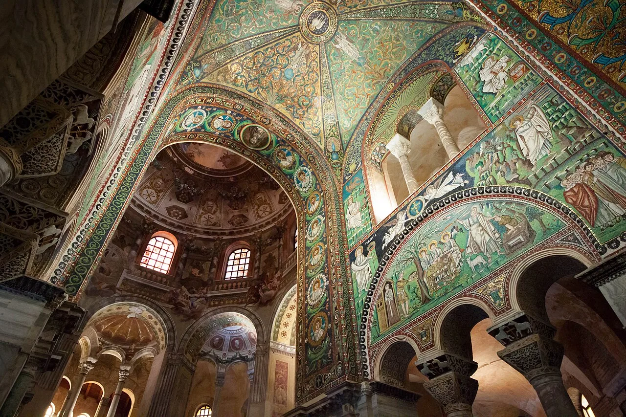 Interior of the Basilica of San Vitale from Ravenna (Italy), decorated with elaborate and glamorous mosaics