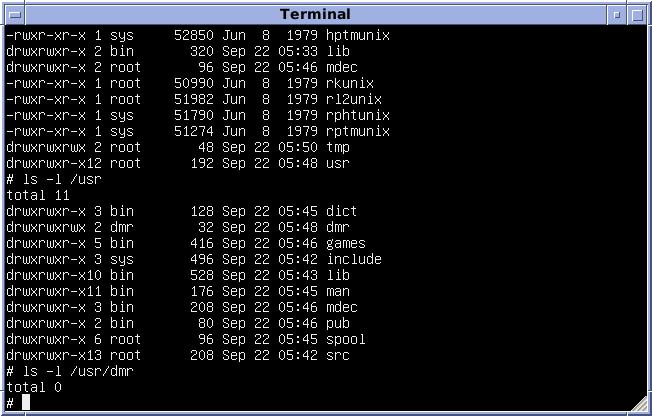 Version 7 Unix for the PDP-11, including Dennis Ritchie's home directory: /usr/dmr