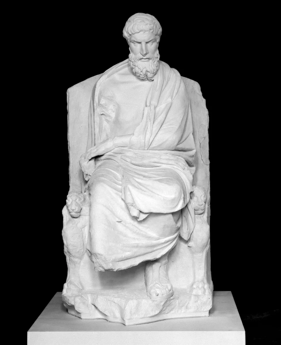 Reconstruction by K. Fittschen of an Epicurus enthroned statue, presumably set up after his death. University of Götting
