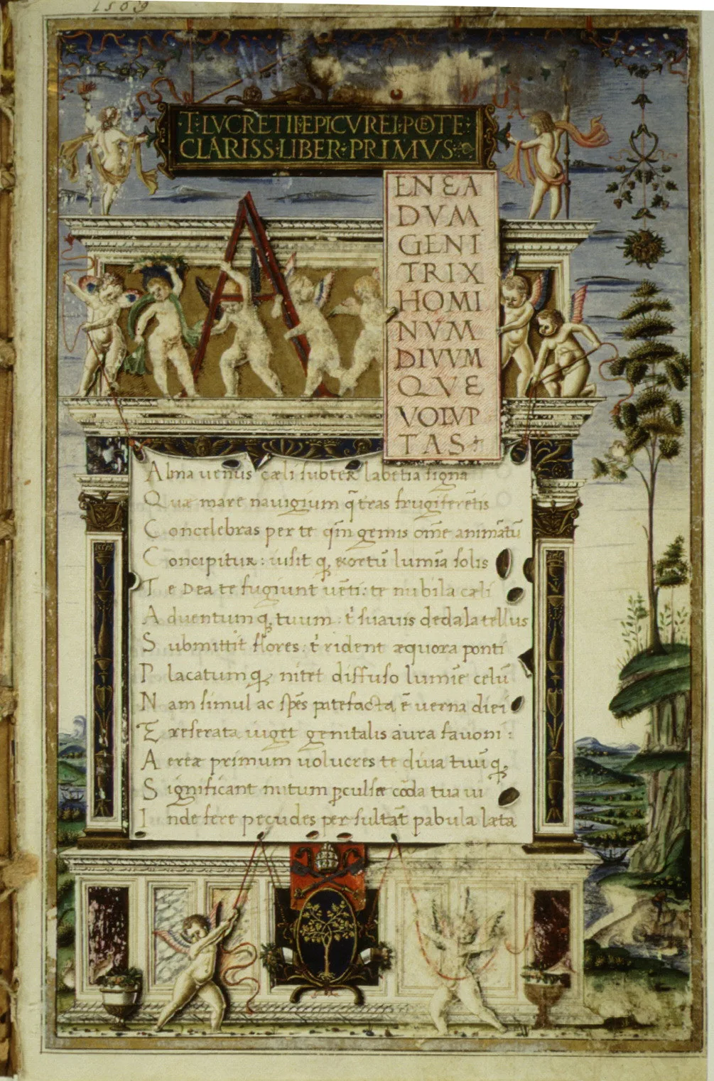 De rerum natura manuscript, c. 1483. The rediscovery of this ancient Epicurean work in 1417 by Poggio Bracciolini provi