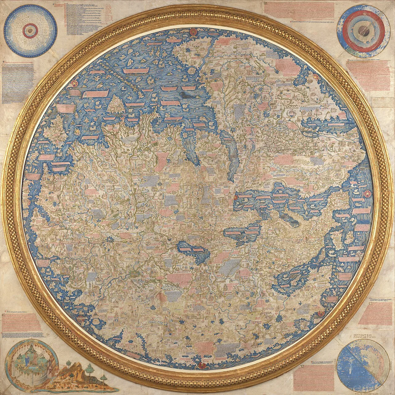 The Fra Mauro Map of the world. The map depicts Asia, Africa and Europe, with South at the top.