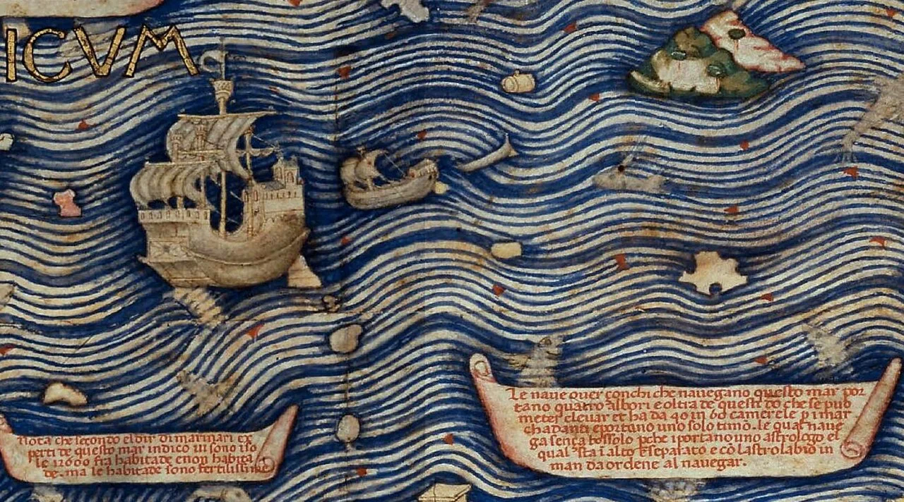 Detail of the Fra Mauro map, describing the construction of the junks that navigate in the Indian Ocean