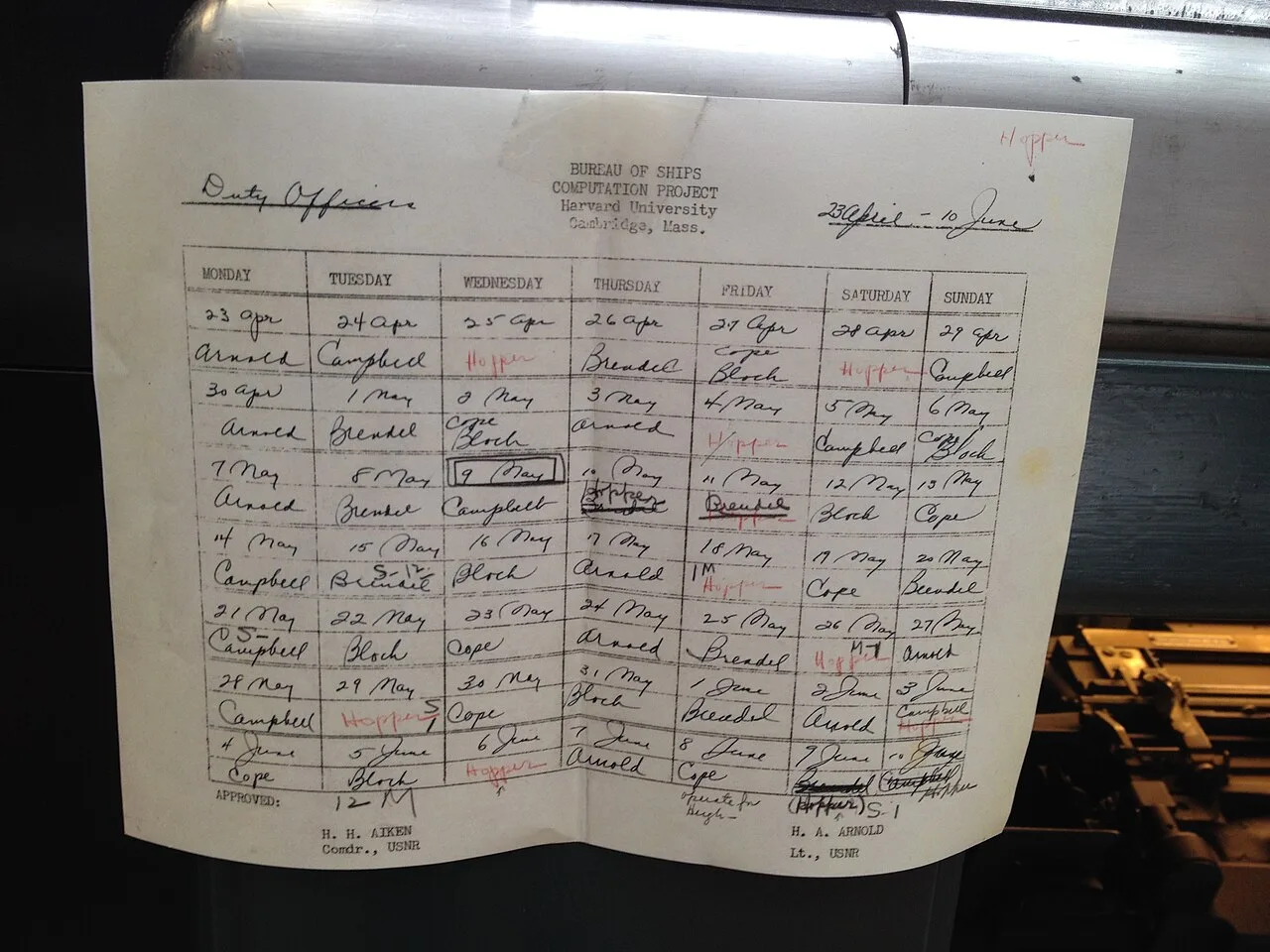 Hopper's name on a duty roster for the Bureau of Ships Computation Project at Harvard, which built and operated the Mark