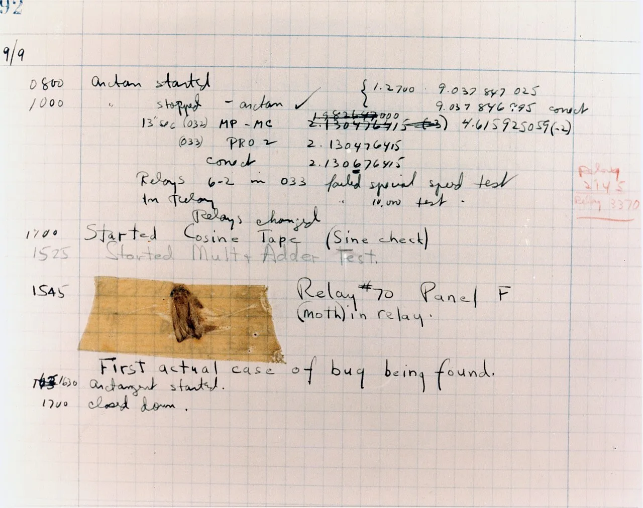 Log book showing the "bug" found caught in a Mark II relay