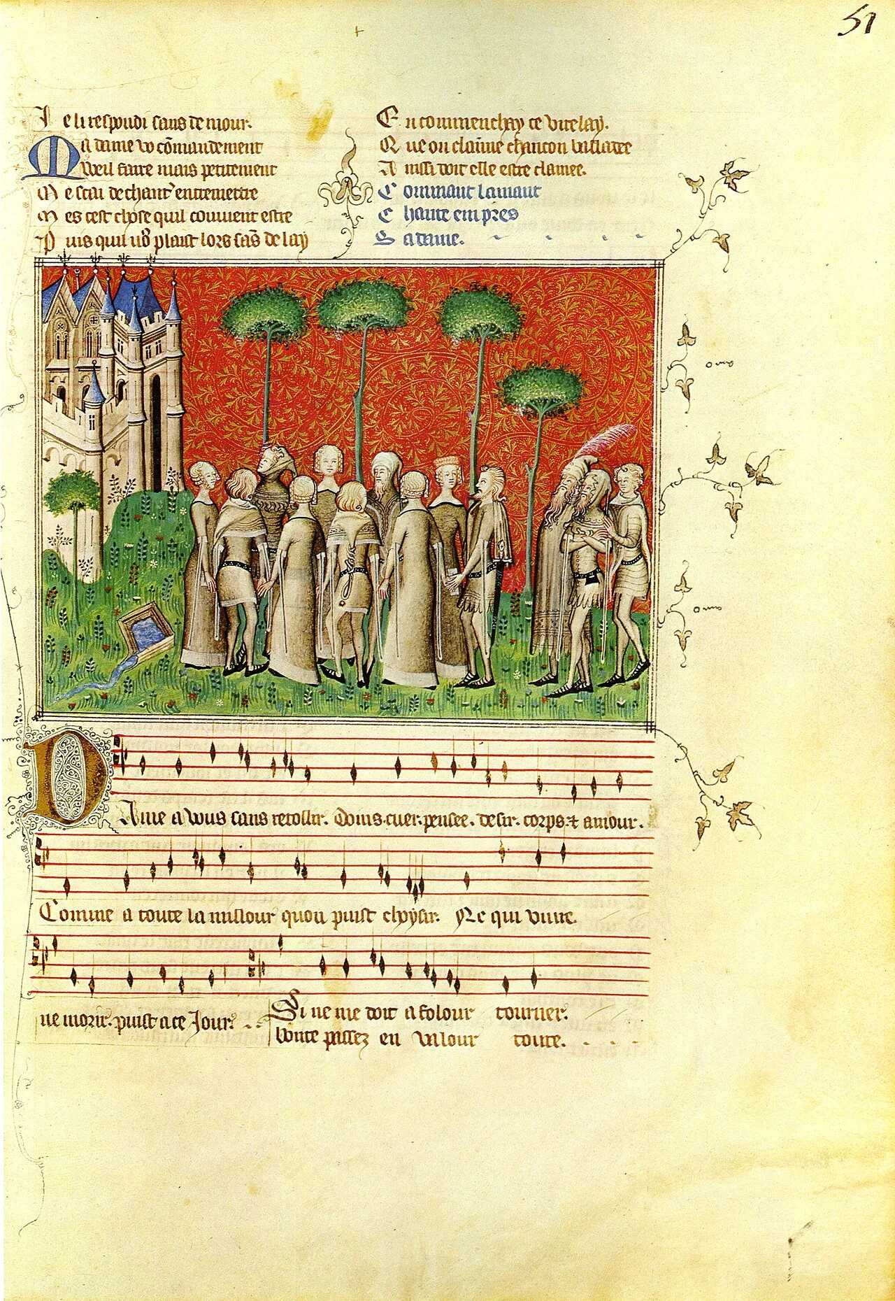 An illumination in a manuscript of Machaut's poem Le remède de fortune showing an outdoors dancing scene