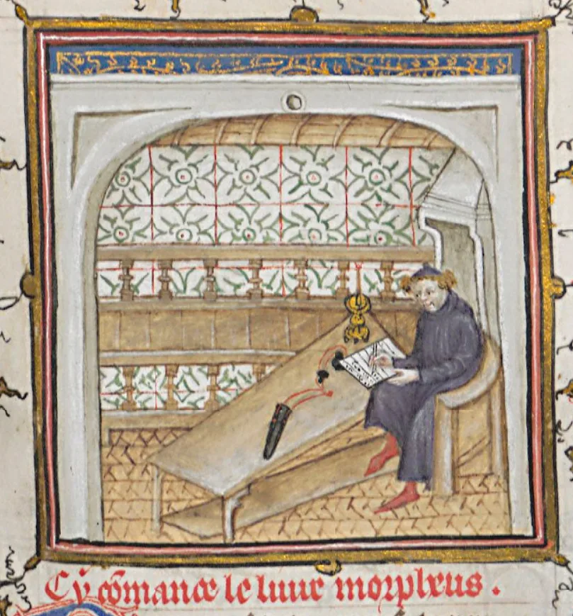Illumination of Machaut writing Le Dit de la Fonteinne Amoureuse