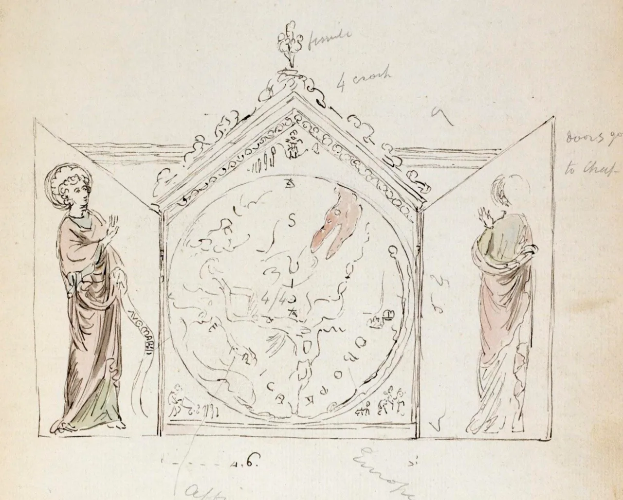 1784 sketch of the triptych containing the Hereford Mappa Mundi, showing side panels