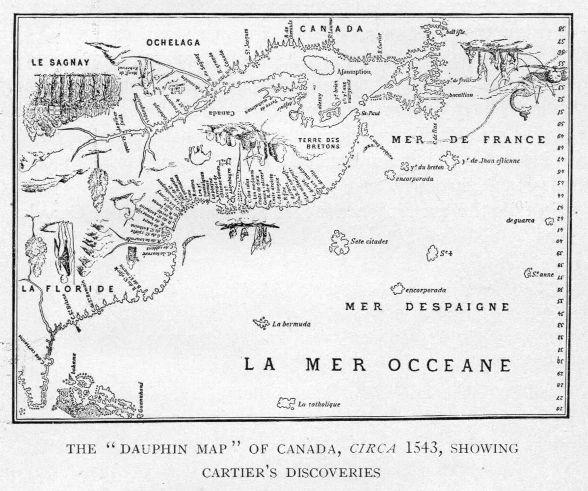 The Dauphin Map of Canada, c. 1543, showing Cartier's discoveries. Newfoundland is near the upper right; Florida and the