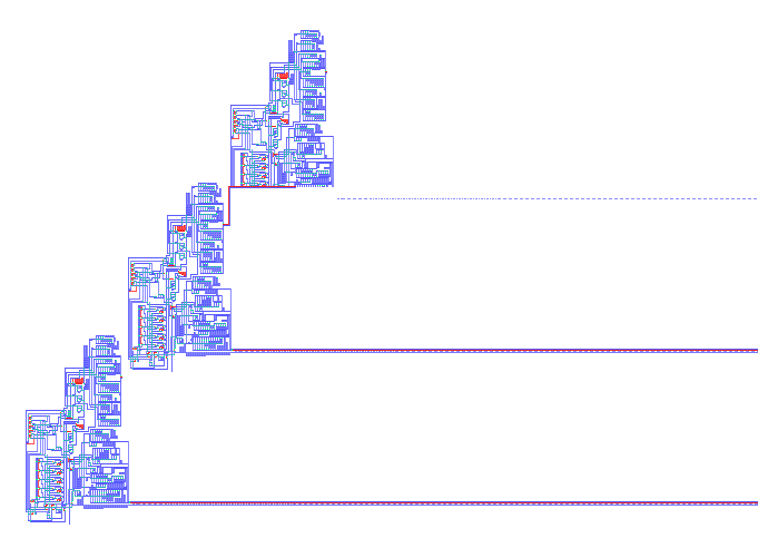 The first implementation of von Neumann's self-reproducing universal constructor.[284] Three generations of machine are 
