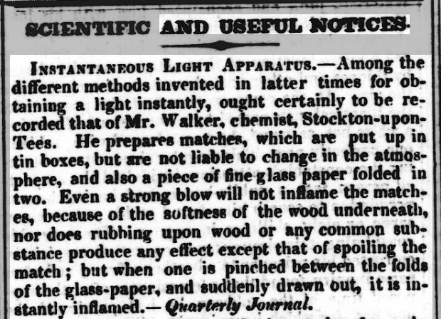 The belated publication of Walker's discovery as it appeared in the 10 October 1829 edition of the Sheffield Independent