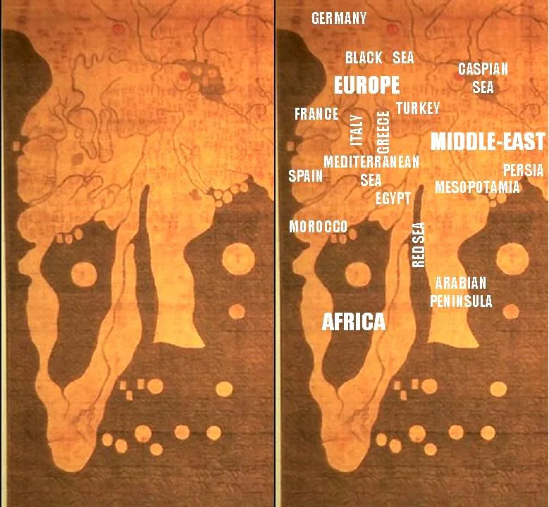 Details of Africa, Europe and the Middle East.