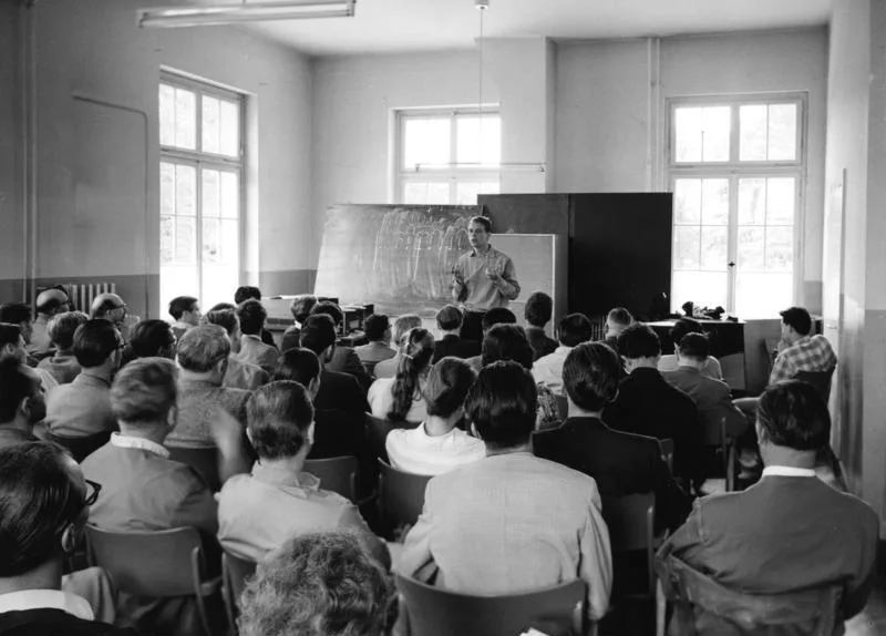 Stockhausen lecturing at the 12th International Summer Courses for New Music in Darmstadt, 1957