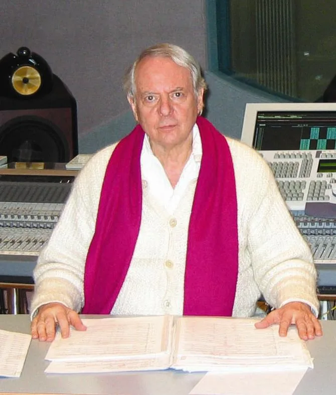 Stockhausen in 2004 during the mix-down of the recording of Angel Processions from Sonntag aus Licht, in Sound Studio N,