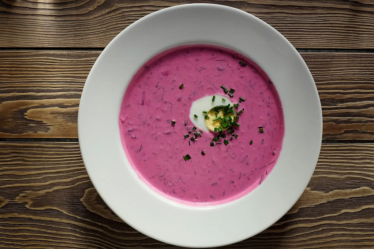 The Lithuanian soup šaltibarščiai, also known as "cold borscht", consumed in Eastern European countries