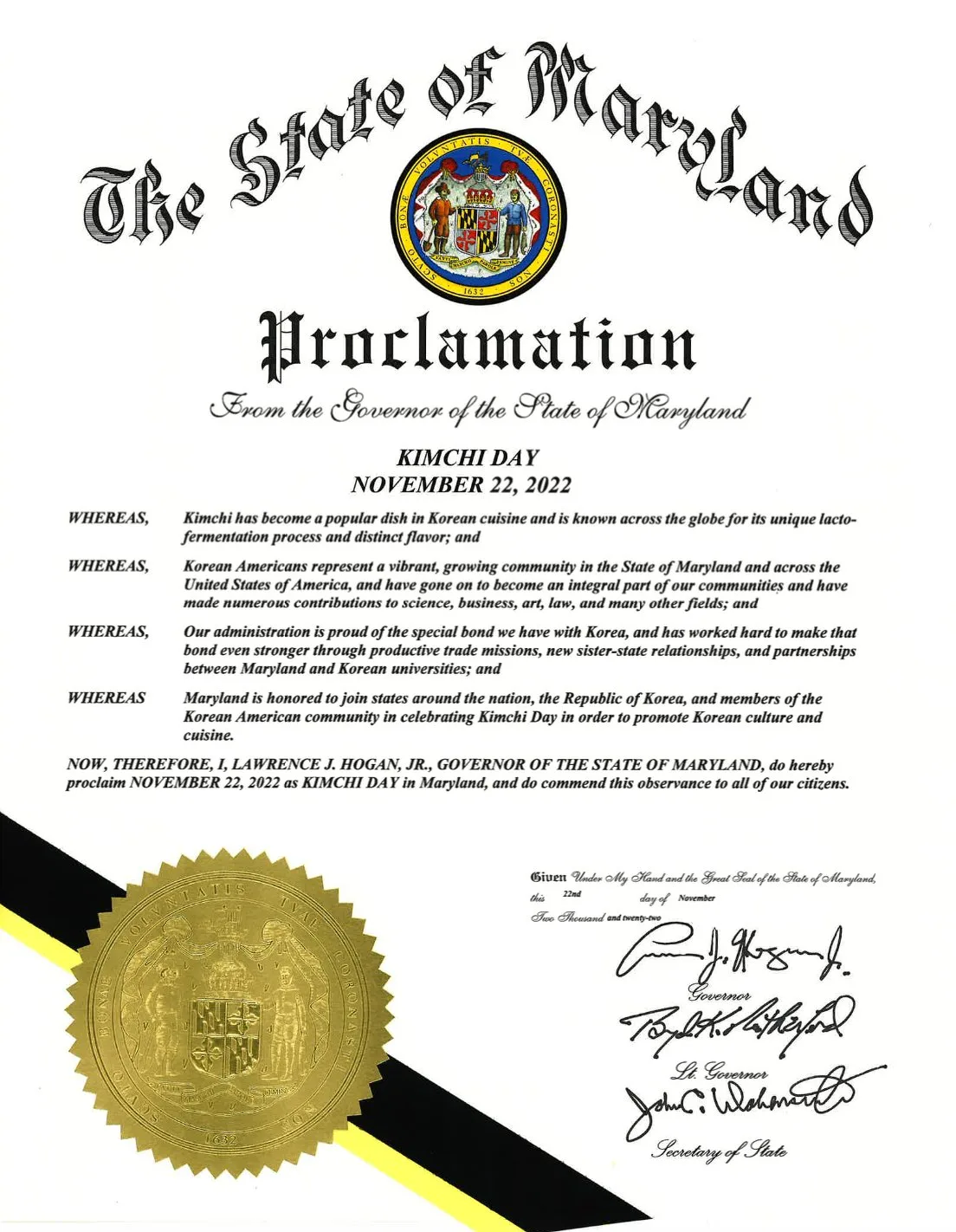 Proclamation signed by Governor of Maryland Larry Hogan declaring 22 November as 'Kimchi Day' (2022)