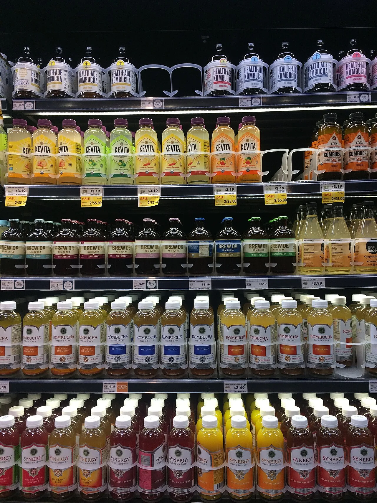 Several brands of commercial kombucha on store shelves, Eastern Pennsylvania, 2019