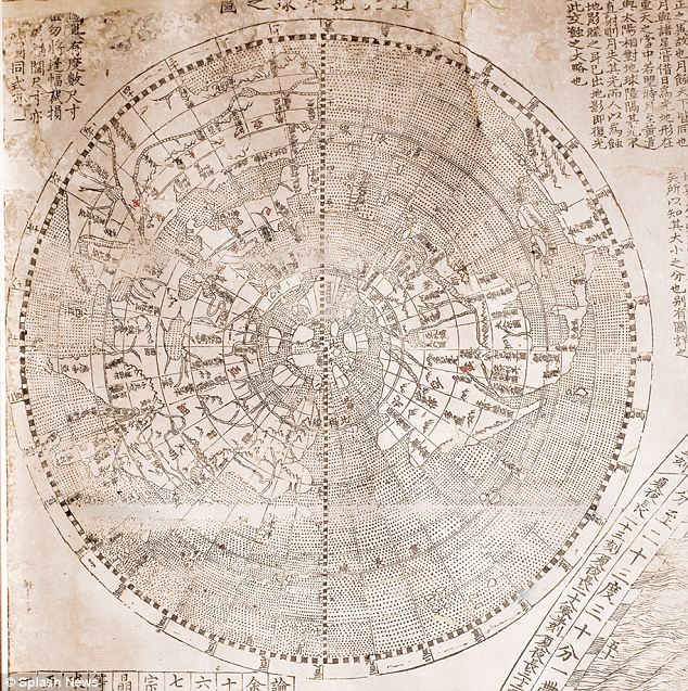 Small scale polar azimuthal projection of the northern hemisphere at the top of the first left panel of 1602 Ricci map