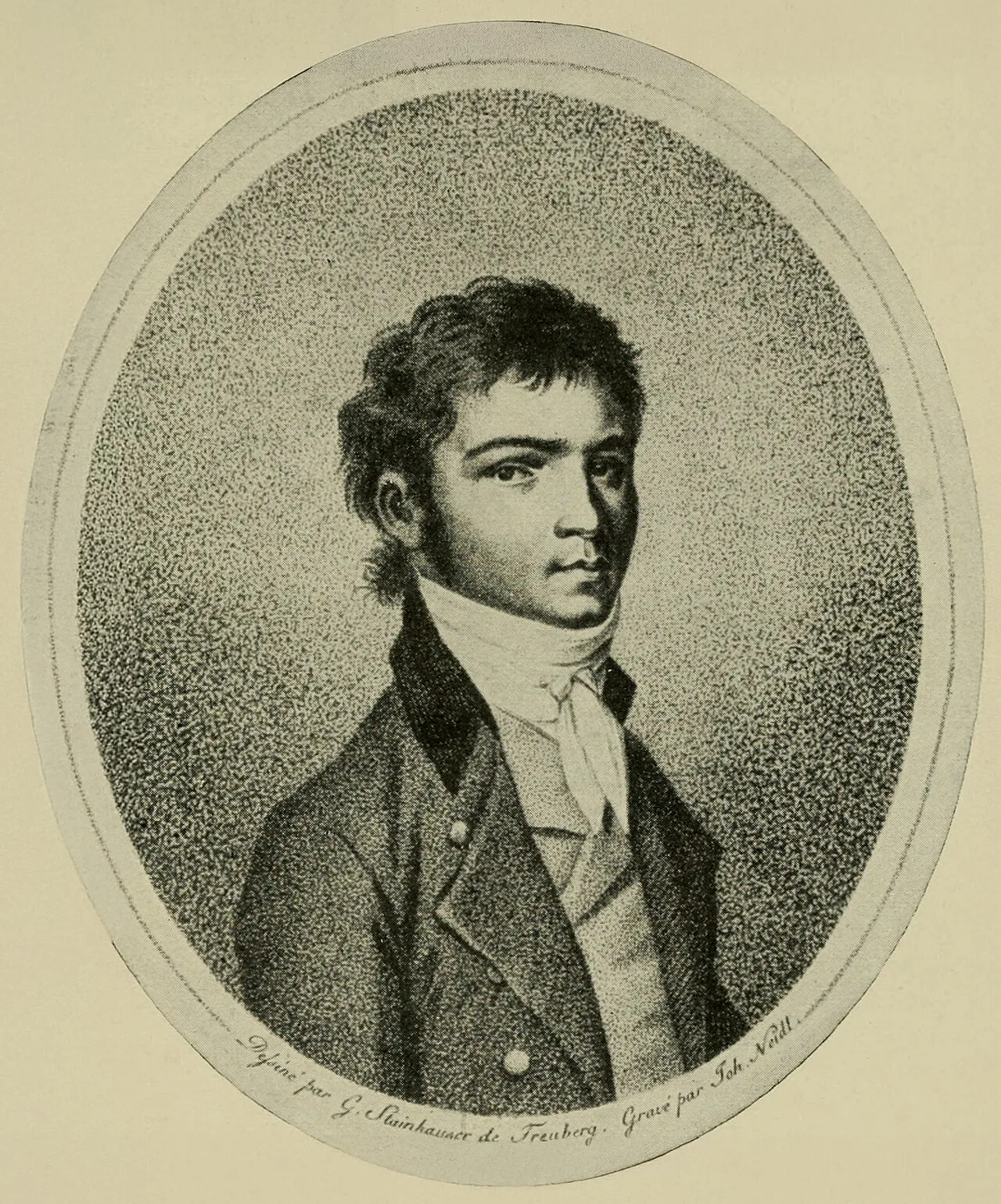 The earliest known portrait of Beethoven as an adult (age 29); engraving (c. 1801) by Johann Joseph Neidl after a now-lo
