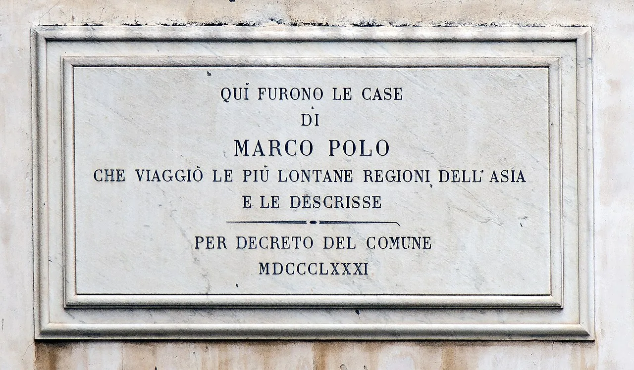 A commemorative plaque on the site of Casa Polo in Venice, part of the Teatro Malibran which was built upon Polo's house
