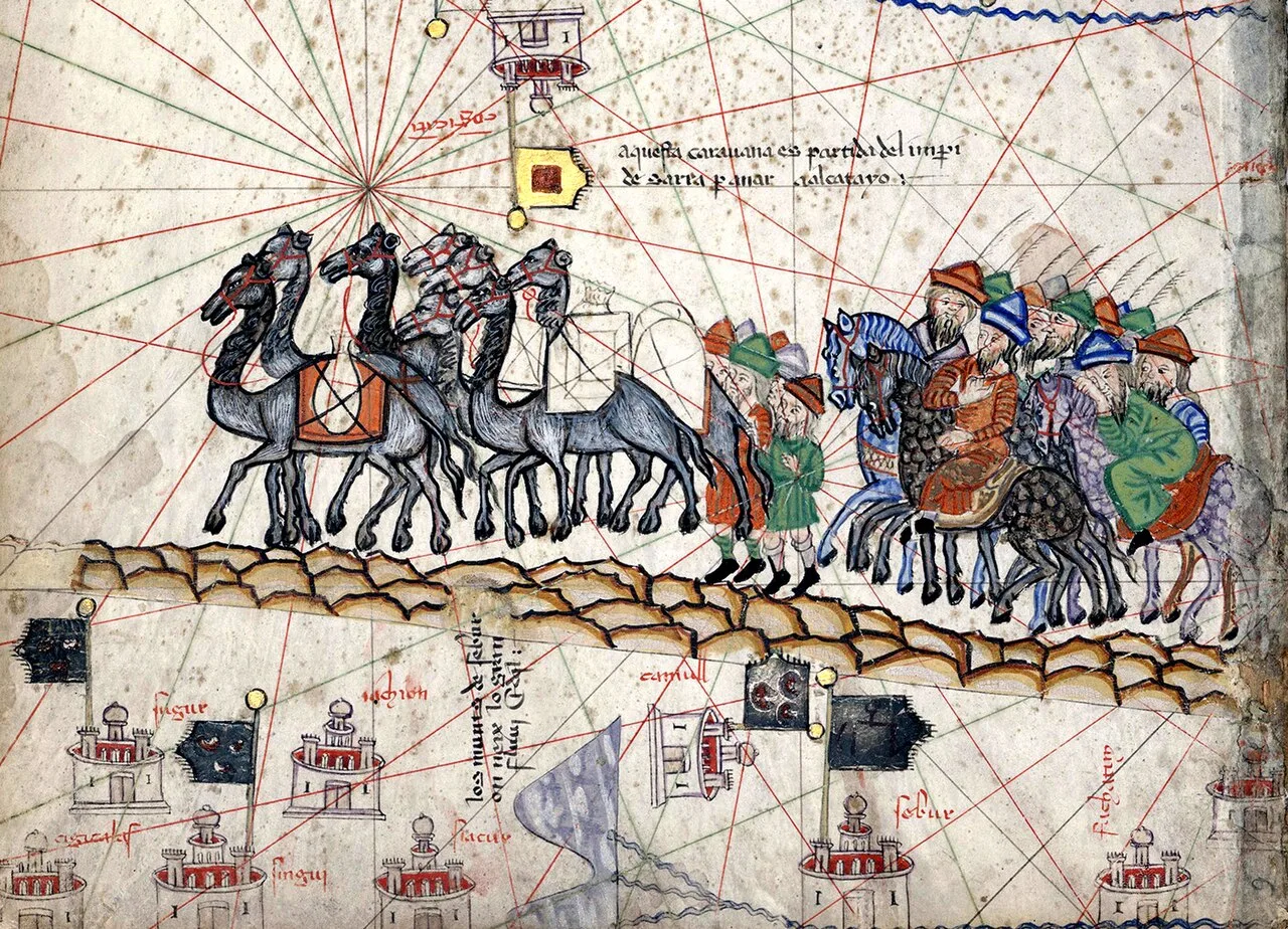 A close-up of the Catalan Atlas depicting Marco Polo travelling to the East during the Pax Mongolica