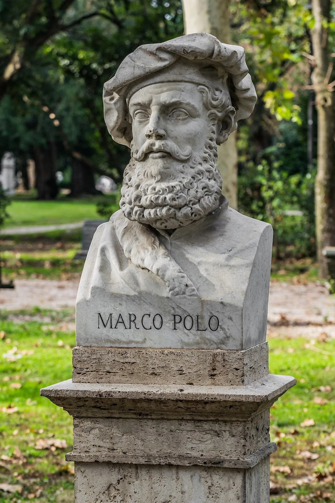 A bust of Marco Polo in the garden of Villa Borghese in Rome, Italy