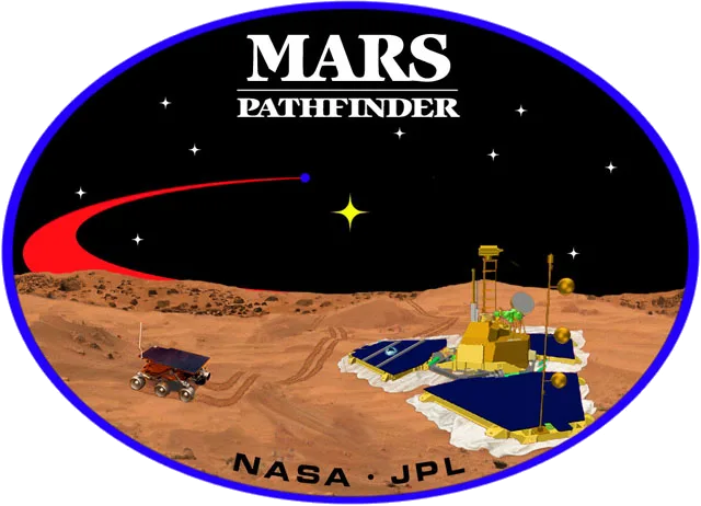An image inside an oval, depicting two spacecraft, one a lander, and one a rover, on the surface of Mars. The words "Mars Pathfinder" are written on the top and the words "NASA · JPL" are written on the bottom.