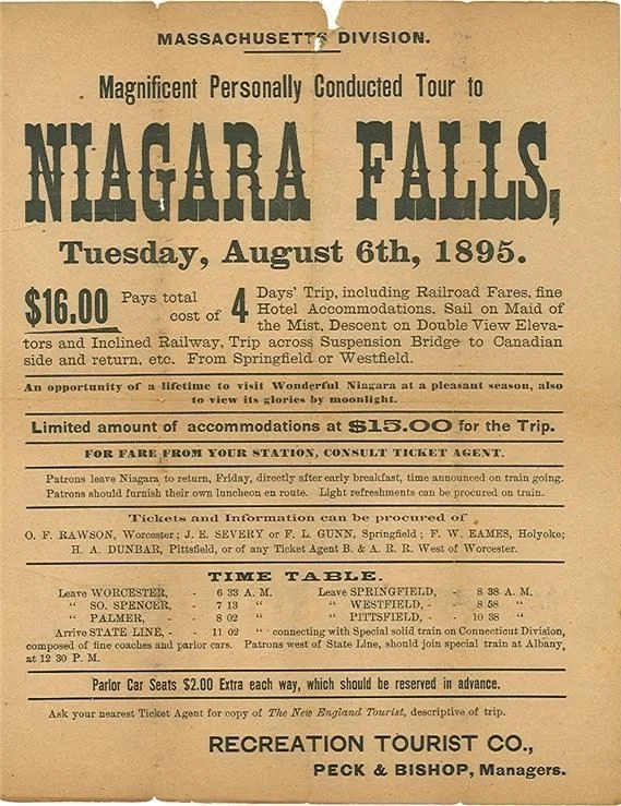 Advertising broadside for trip to Niagara Falls from Massachusetts, 1895