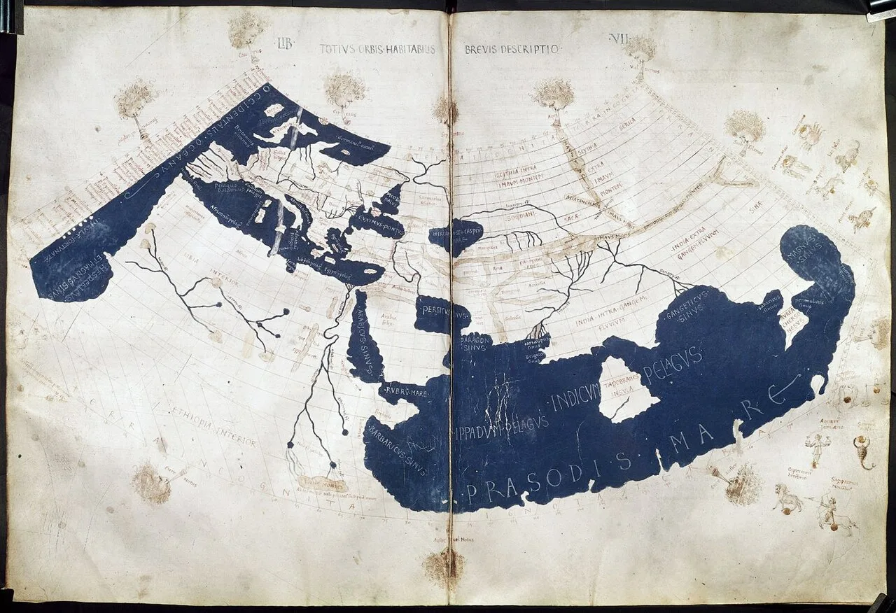 Ptolemy's world map, reconstituted from Ptolemy's Geography (circa 150) in the 15th century, indicating "Sinae" (China)
