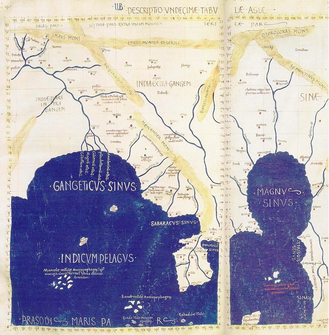 Detail of East and Southeast Asia in Ptolemy's world map. Gulf of the Ganges (Bay of Bengal) left, Southeast Asian penin