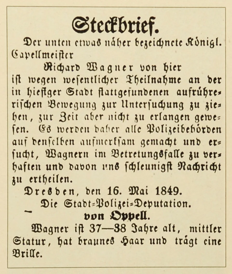 A printed notice in German with elaborate Gothic capitals. Wagner is described as 37 to 38 of middle height with brown hair and glasses.