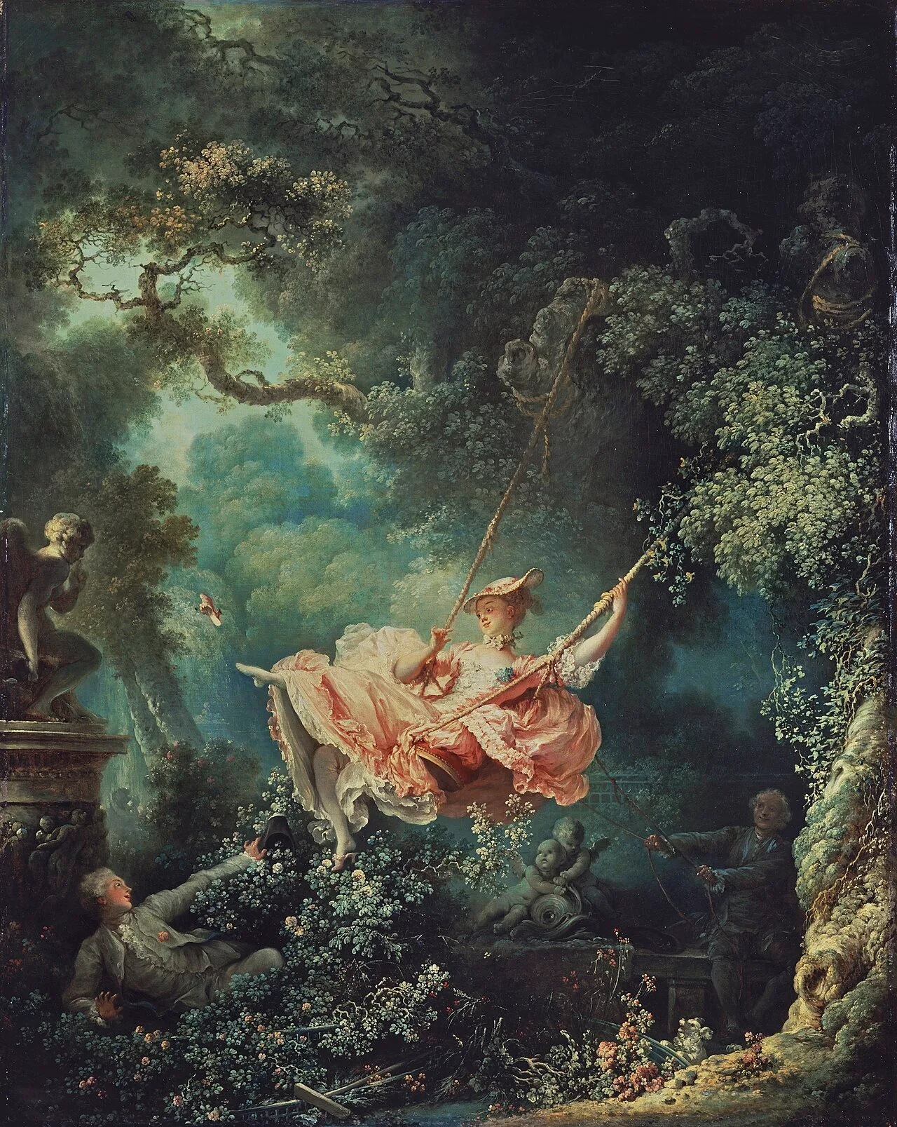 A young woman in a billowing pink dress swings high in a lush, overgrown garden, while a young man hidden in the bushes looks up at her.