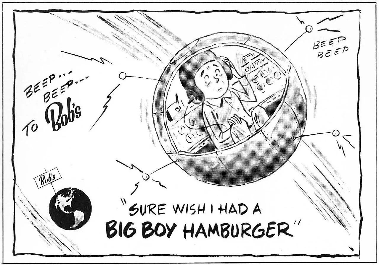 A Bob's Big Boy advertisement spoofs Sputnik, 1958