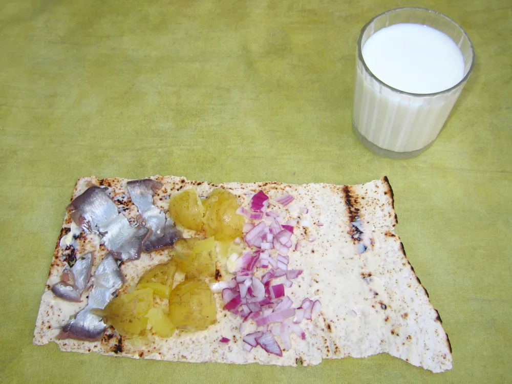 Surströmming with potatoes and onion on buttered tunnbröd, served with a glass of milk