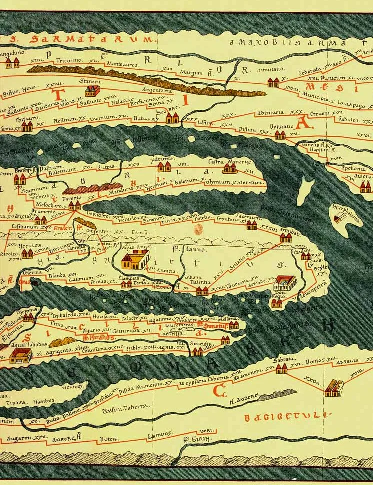 Tabula Peutingeriana (section of a modern facsimile), top to bottom: Dalmatian coast, Adriatic Sea, southern Italy, Sici