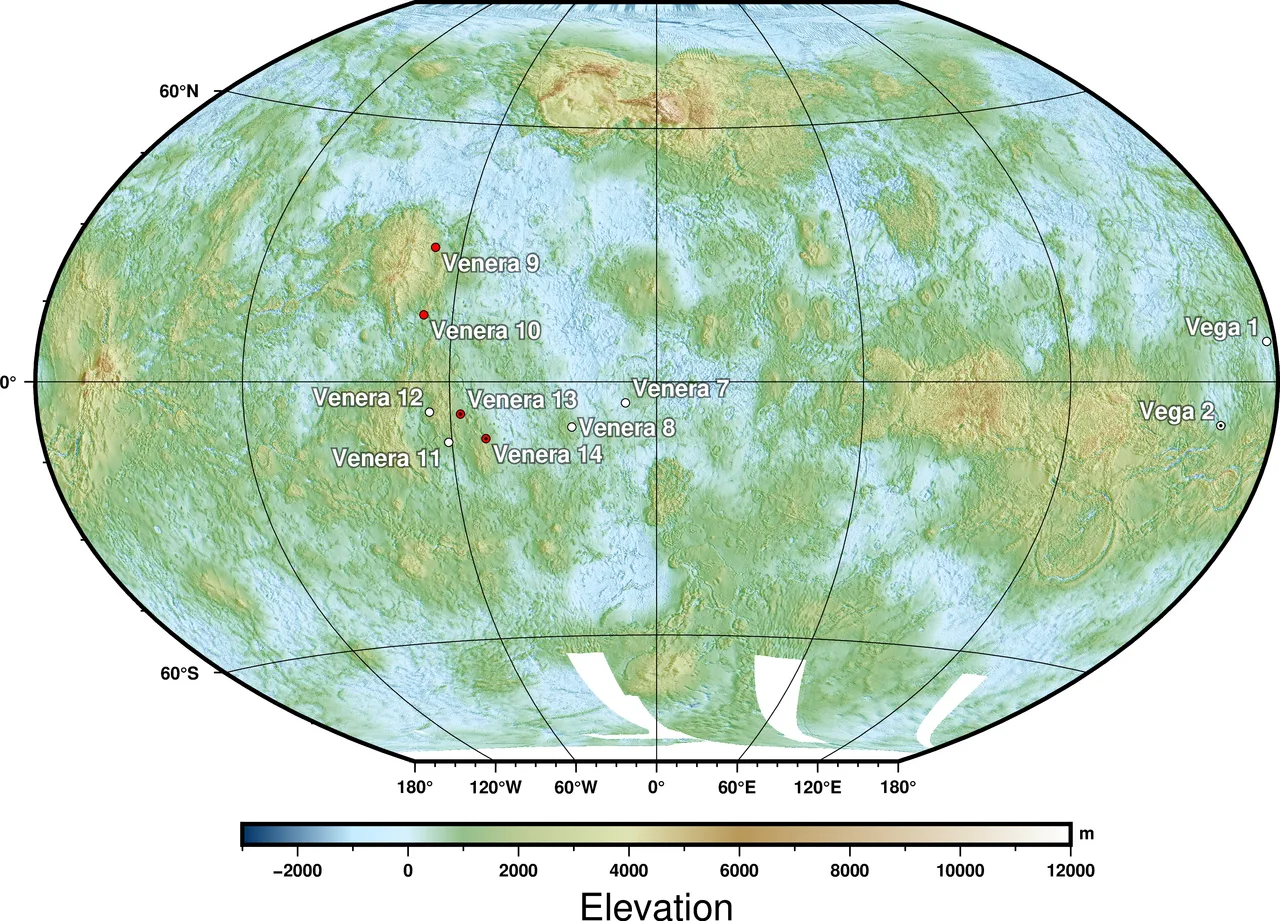 Position of Venera landing sites. Red points denote sites returning images from the surface, black central dots sites of