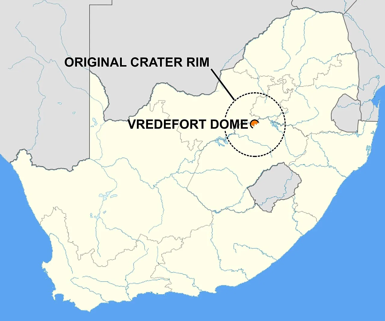 Map of South Africa showing the location of the Vredefort Dome, the remains of a 2.023-billion-year-old impact structure