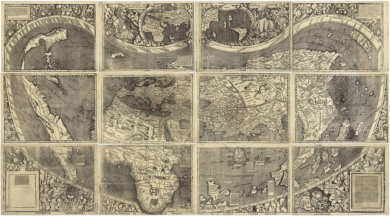 Universalis Cosmographia, the Waldseemüller wall map dated 1507, depicts America, Africa, Europe, Asia, and the Oceanus