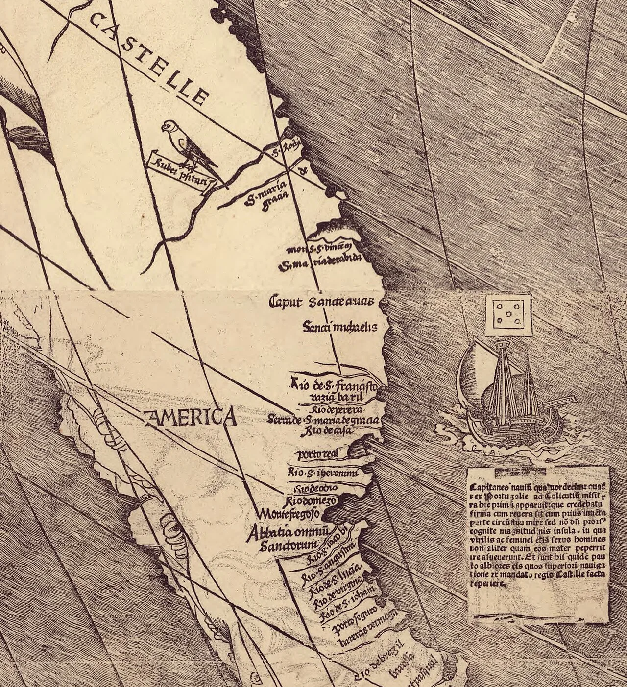 Detail of the map showing the name "America". The inscription under the ship (translated) says : "This land appeared her