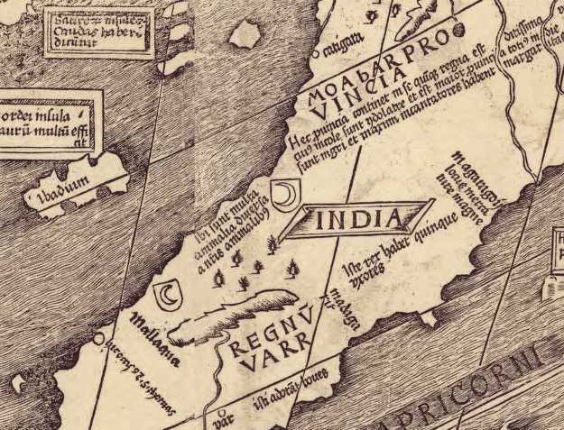 Detail of the map showing the names "Catigara" and "Mallaqua" where "was slain St. Thomas".