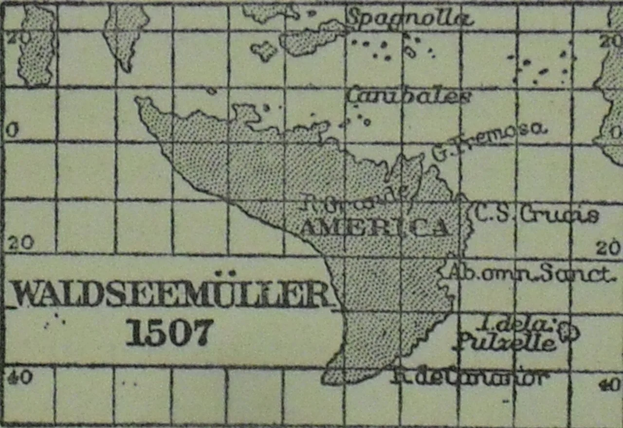 Waldseemüller's 1507 map of America re-drawn on an equirectangular projection and on the same uniform scale as that of S