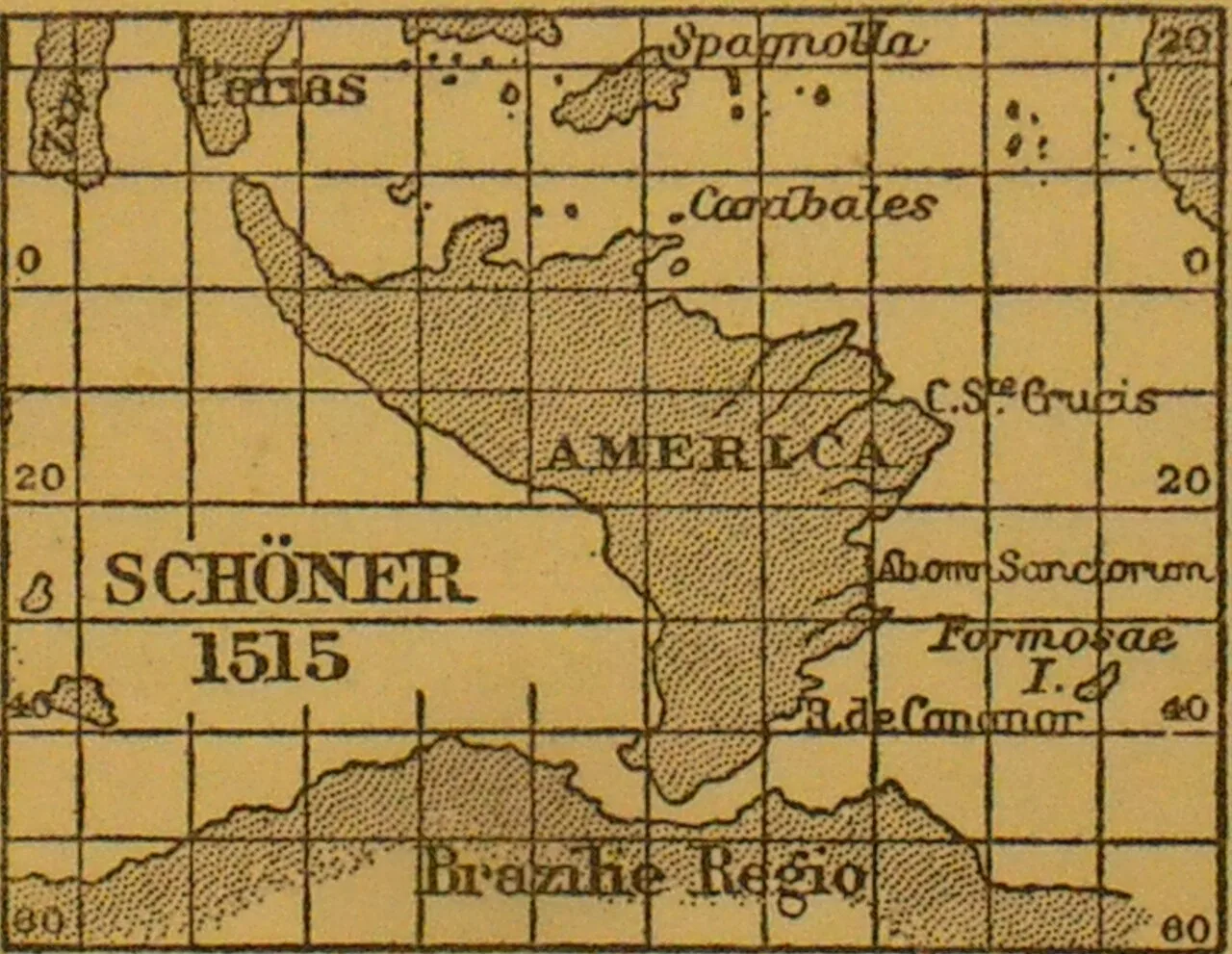 Schöner's 1515 map of America re-drawn on an equirectangular projection and on the same uniform scale as that of Waldsee