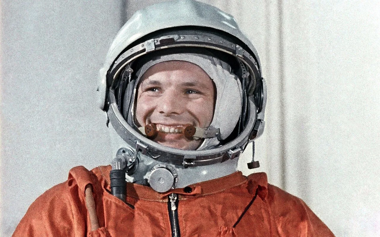 Gagarin in his Vostok 1 spacesuit on 12 April 1961
