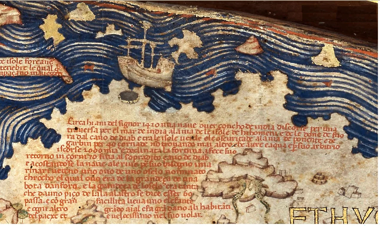 Detail of the Fra Mauro map relating the travels of a junk into the Atlantic Ocean in 1420. The ship also is illustrated